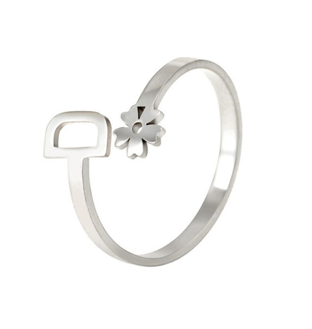 Stainless Steel A-Z Letter Ring For Women Girl Flower 26 Initial Name Adjustable Ring Trendy Birthday Jewelry Gift D