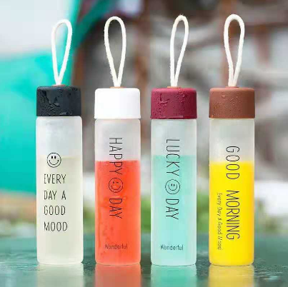 Shilily New Creative Frosted Glass Bottle Tumbler 400ml Portable Bottle Thick Water Cup Happy Day