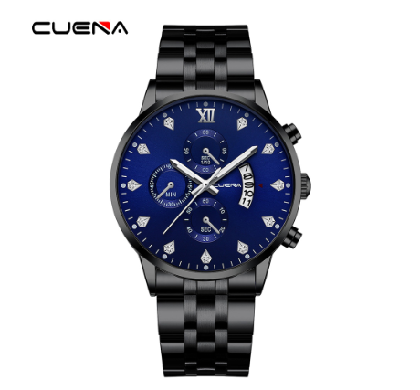 CUENA New Men's Watch Fashion Business Stainless Steel Waterproof Quartz Watch BLACK BLUE