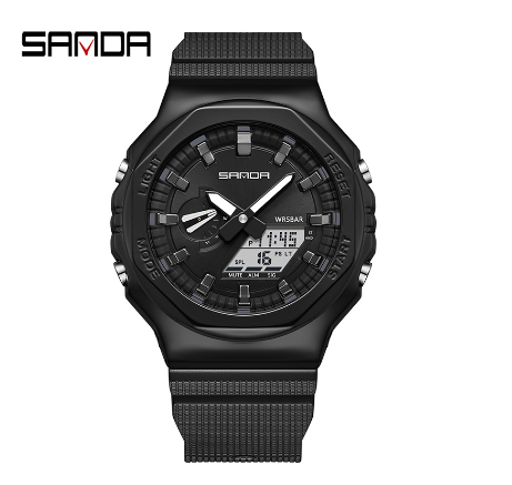 Sanda Men's Watch Luminous Multi-function Metal Luxury Fashion Men's Sports Watch BLACK WHITE