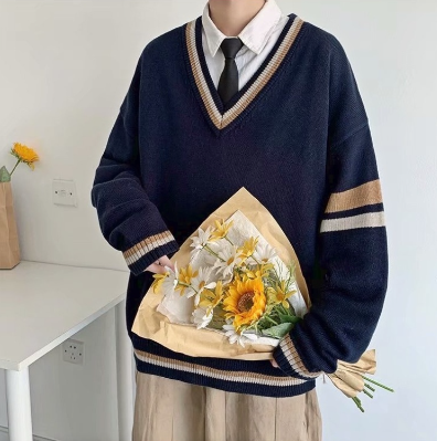 Men's Long Sleeve Knitted Sweater V-neck Loose