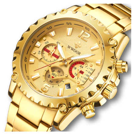 Wwoor Men Watch Stainless Steel Waterproof Original Quartz Battery Analog Wristwatch ALL GOLD