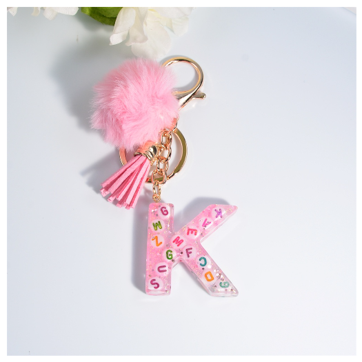 Exquisite Pink A-Z Letter Resin Keychain With Hairball 26 Initials Keyring Charms Women Bag Ornament Best Festival Gift K
