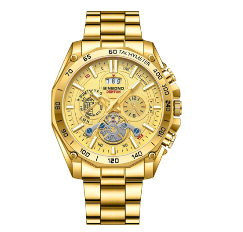 Binbond Fashion Luminous Calendar Luxury Waterproof Stainless Steel Student Watch Men's Tourbillon Gift Steel Band Three Eyes Six Hands Watch m2