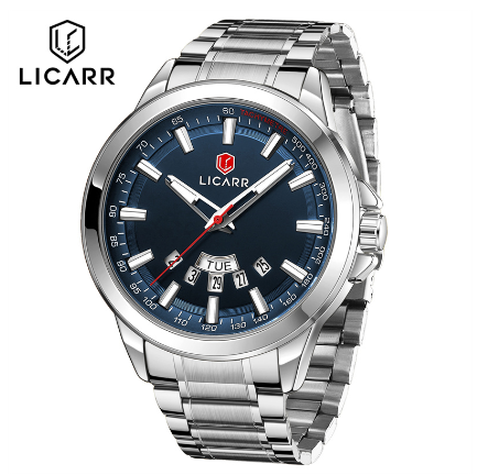 LICARR Brand Watch Men Fashion Sport Waterproof Quartz Business Men's Watches Date Week Display Luminous 9517 SILVER BLUE