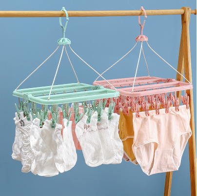 Baby hanger Plastic Laundry Hanger with Clips, Foldable Clip Hangers with 32 Clips, Windproof Hook