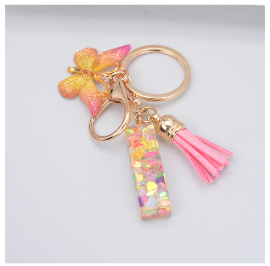 Exquisite 26 Letter Resin Keychain with Pink Tassel Gradient Butterfly Pendant Key Ring Women Bag Ornaments Accessories I