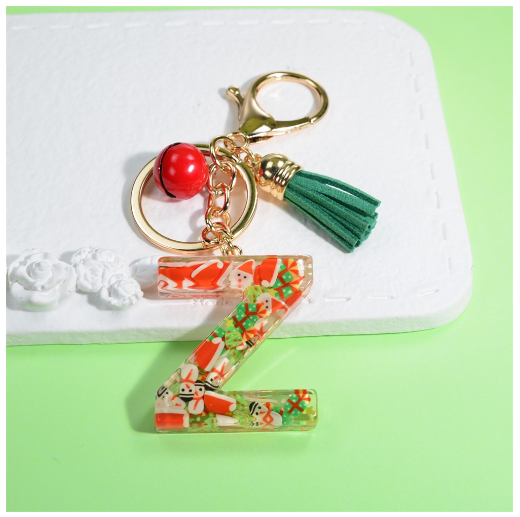 Fashion A-Z 26 Letters Keychains Christmas Tree Snowman Sequins Filling Resin Key Rings Women Bag Charms Z