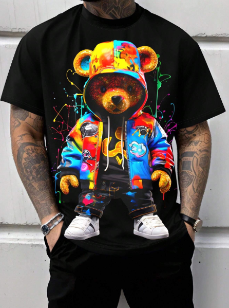 Plus Size Men's Casual Round Neck Tee With Trendy Teddy Bear Print