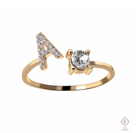 26 Letter Rings Cubic 14K Gold Promise Ring Diamond Ring Wedding 925 Silver Ring Adjustable Size A