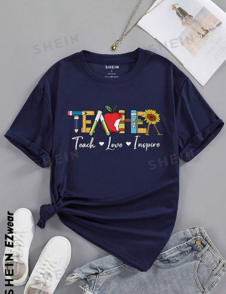 SHEIN EZwear Women's Sunflower Letter Print Short Sleeve T-Shirt, Teacher Tee