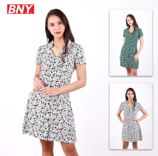BNY Ladies Rayon Floral Full-Button Short-Sleeve Dress 384
