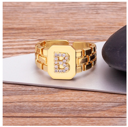 New Arrival Fashion Gold Color Initial Ring Open Design Adjustable Hot Sale A-Z Letters Zircon Rings For Women B