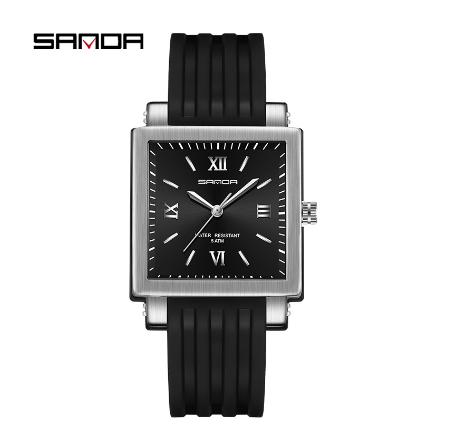 Sanda Business Simple Square Watch Fashion Luxury Casual Waterproof Watch BLACK SILVER
