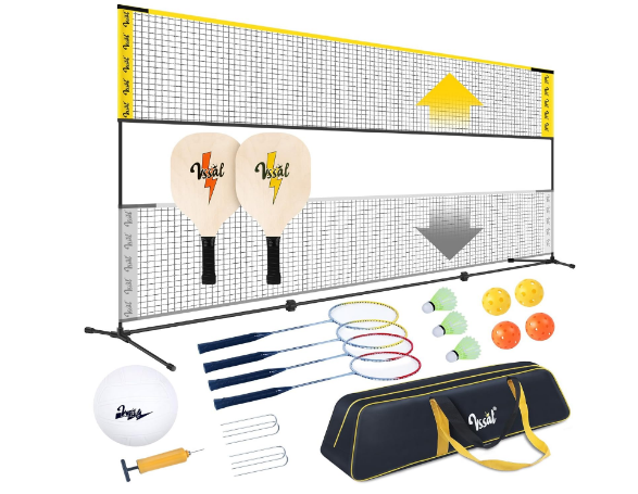 17ft Portable Badminton Pickleball Kids Volleyball Combo Sets with Net for Backyards, Adjustable Height (7ft Max), Freestanding Rackets Set Outdoor Driveway