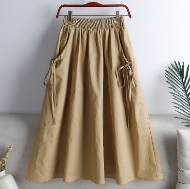 Summer New All-match Solid Color Lace Drawstring Pocket Mid-length Cotton Workwear Half-length A-line Skirt Women