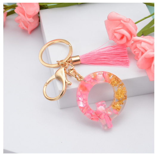 Pink Tassel Gold Foil 26 Letter Pendent Keychain for Women Resin Keyrings Girls Bag Ornamant Accessories Gifts Q