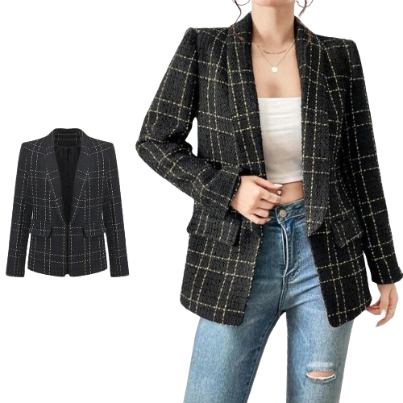 Lovito Women Elegant Gingham Basic Lining Blazer L65ED065 (Black and White)