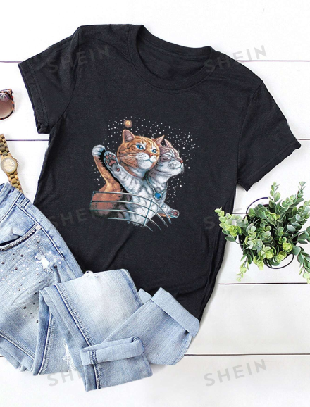 SHEIN Essnce Cat Print Short Sleeve Tee