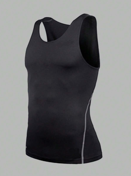1pc Black Casual Solid Color Men's Quick-Drying Sleeveless Compression Athletic Running Tank Top , Suitable For Fitness And Home Use