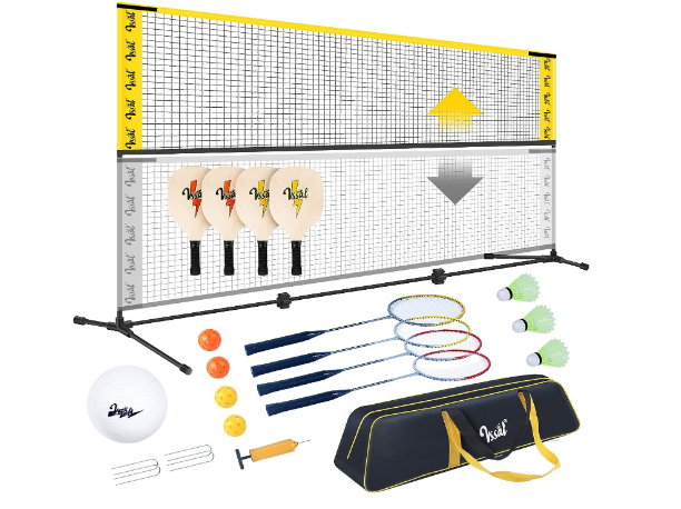 10FT Portable All-in-One Badminton, Pickleball and Kids’ Volleyball Net Set Half Court (10ft Wide x 7ft max Height) Small Outdoor Sports Set with Adjustable Net for Backyards Beach Driveway Game