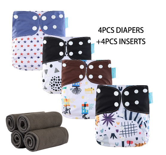HappyFlute Baby Ecological Cloth Diapers Adjustable Washable Reusable Cloth Nappy For Baby Girls and Boys 4pcsDiaper+4pcs Inserts Set 10
