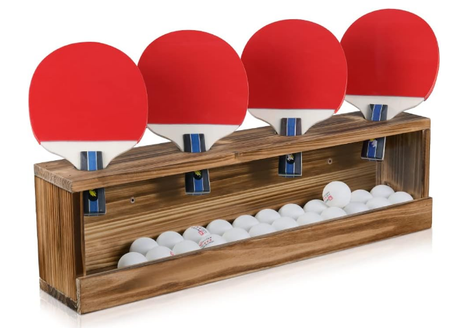 Ping Pong Paddle Storage Rack Table Tennis Racket Display Wall Mounted Holder for 4 Paddles and Balls Storage in Bar Room, Game Room, Office Break Room, Garage, Bedroom, Home, Rustic Burnt