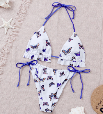 Women's Strapless Ribbed Tie Back Ruffle Cutout Bandeau Bikini Set Swimsuit 21 Bikini Spot But