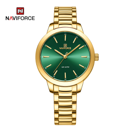 Naviforce Women Top Brand Luxury Crystal Rose Gold Steel Ladies Bracelet Date Girl Clock GREEN GOLD