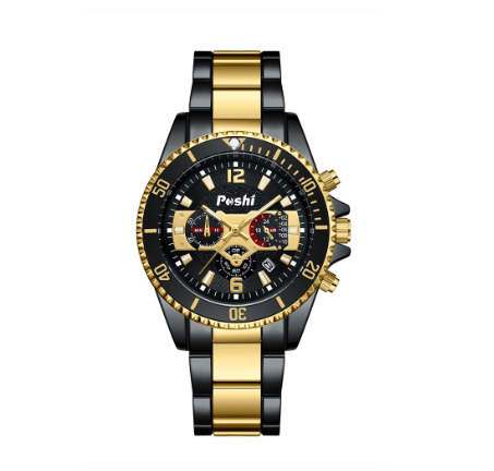 POSHI Original Men Watch High Quality Classic Stainless Steel Sports Quartz Waterproof Fashion Wristwatch GOLD BLACK