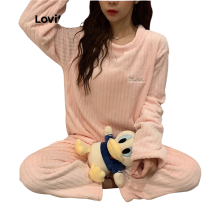 Lovito Women Casual Letter Embroidery Pajama Sets LNA27050 (Pink/Blue)