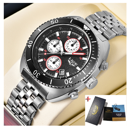 LIGE Dial Diameter Watch Fashion Men Waterproof Watches Stainless Steel Sport Chronograph Quartz Brand WristWatch SILVER BLACK