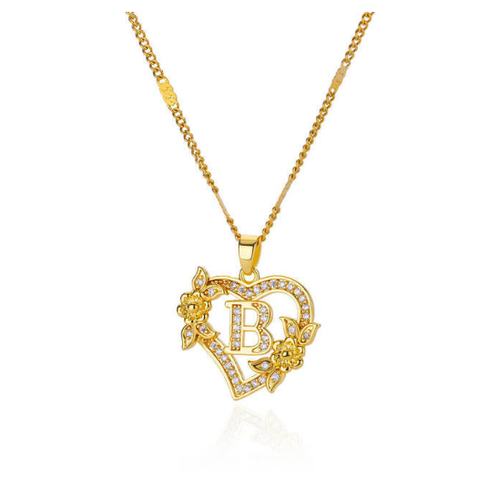 Zircon Stainless Steel Heart Flower Letter Necklaces For Women Gold Color A-Z Letter Heart Necklace B