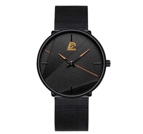 Stainless Steel Ultra-thin Quartz Wristwatch Classic Men's Fashion Waterproof Wacth MESH BLACK ORANGE