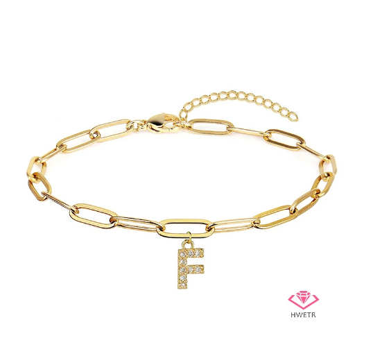 Hwetr Fashion 26 A-Z Initial Bracelet For Women Classic Zircon Letter Pendant Paper Clip Chain Bracelet Jewelry Accessories Gift F