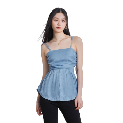 Lovito Women Casual Plain Ruched Split Front Ruffle Denim Tops L65ED087 (Blue)