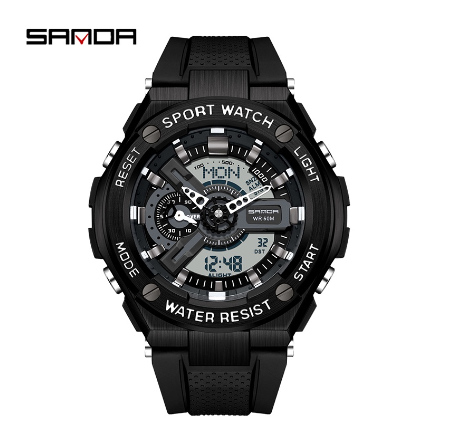 Sanda Popular Dual Display Quartz Electronic Fashion Luxury Anti Drop Sports Military Watch BLACK WHITE