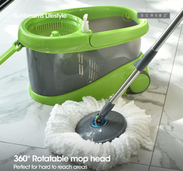 SCRUBZ Stainless Steel Spin Mop w/ Bucket on Wheels, Soap Dispenser 47x42.5x27cm Microfiber 360ᴼ