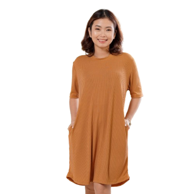 INSPI Chic Dress for Woman Plain Ribbed Knit Trendy Tops for Women Basic Long Dresses 3/4 Bodycon ( Caramel)