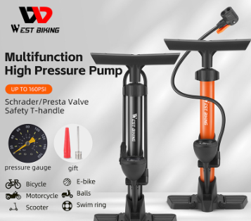 WEST BIKING 160PSI Bike Pump Vertical Inflator With Air Pressure Gauge Electric Vehicle Household High-Pressure Inflator
