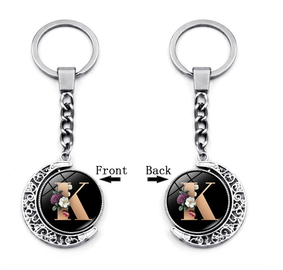 1PC Exquisite 26 Letter Glass Keychains Double Sides Moon Flower A-Z Initials Keyrings Handbag Charms Ornaments Gifts K