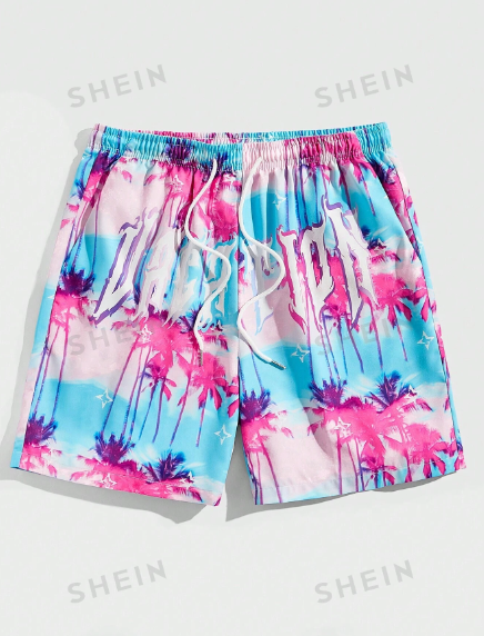 ROMWE Street Life Men's Vacation Casual Drawstring Coconut Tree Printed Colorblock Summer Shorts