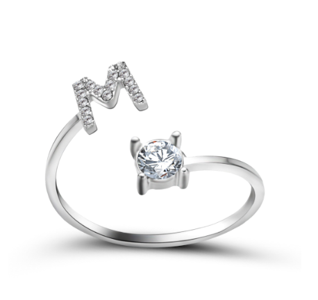 Silver A-Z Letters Ring for Women Cubic Zirconia Initial Letter Ring Fashion Jewelry Gift Adjustable M