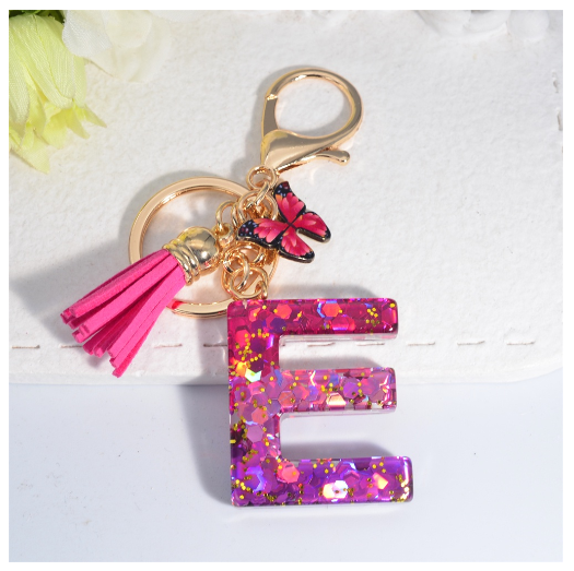 Fashion Gradient A-Z Letter Keychains Sweet Butterfly Tassels Pendant Alphabet Keyrings Name Initials Key Chains Accessories E