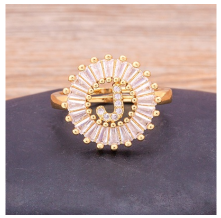 Initial 26 Alphabet Adjustable Size Gold Color Zircon A-Z Letter Ring Statement Name Jewelry J