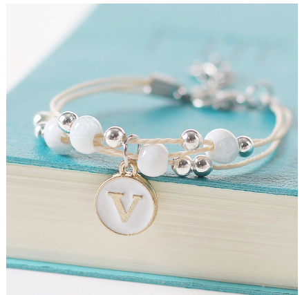 Fashion Ceramics Beads Letters A-Z Bracelet Elastic Chain Bangle Women Men Couple Jewelry Gifts V