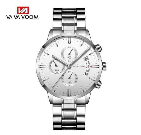 VA VA Voom Stainless Steel Business Watch Men Luxury Top Brand Casual Calendar Quartz Mens Wristwatches Sport Waterproof Watch SILVER WHITE