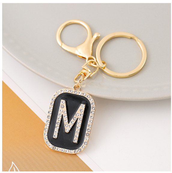 Exquisite Rhinestone 26 Letter Keychain Simple Black Enamel Initials Keyrings For Women Bag Pendant Ornament Car Keyholder Gifts M