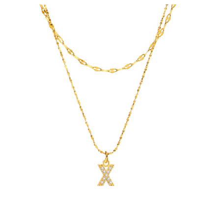 Vnox Double Layered Letter Initial Pendant Necklace,Gold Plated Shiny Zircon Alphabet Charm Necklace for Women X