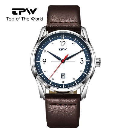 TPW Men Watch Fabric Strap Wrist Watches White Dial Date Window Calender Quartz Watch BROWN